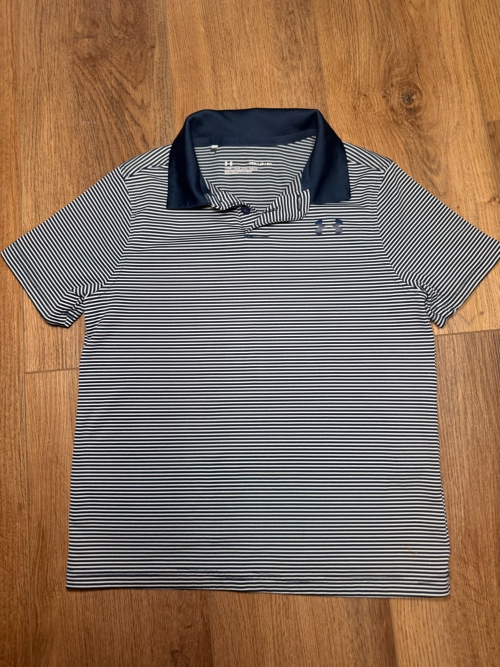 Under Armour Boys Stripe Polo Navy Youth Small Athletic Golf Moisture Wicking